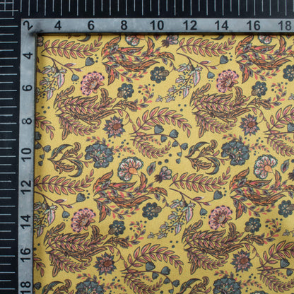 Dijon Yellow And Teal Green Leaf  Pattern Digital Print Japan Satin Fabric