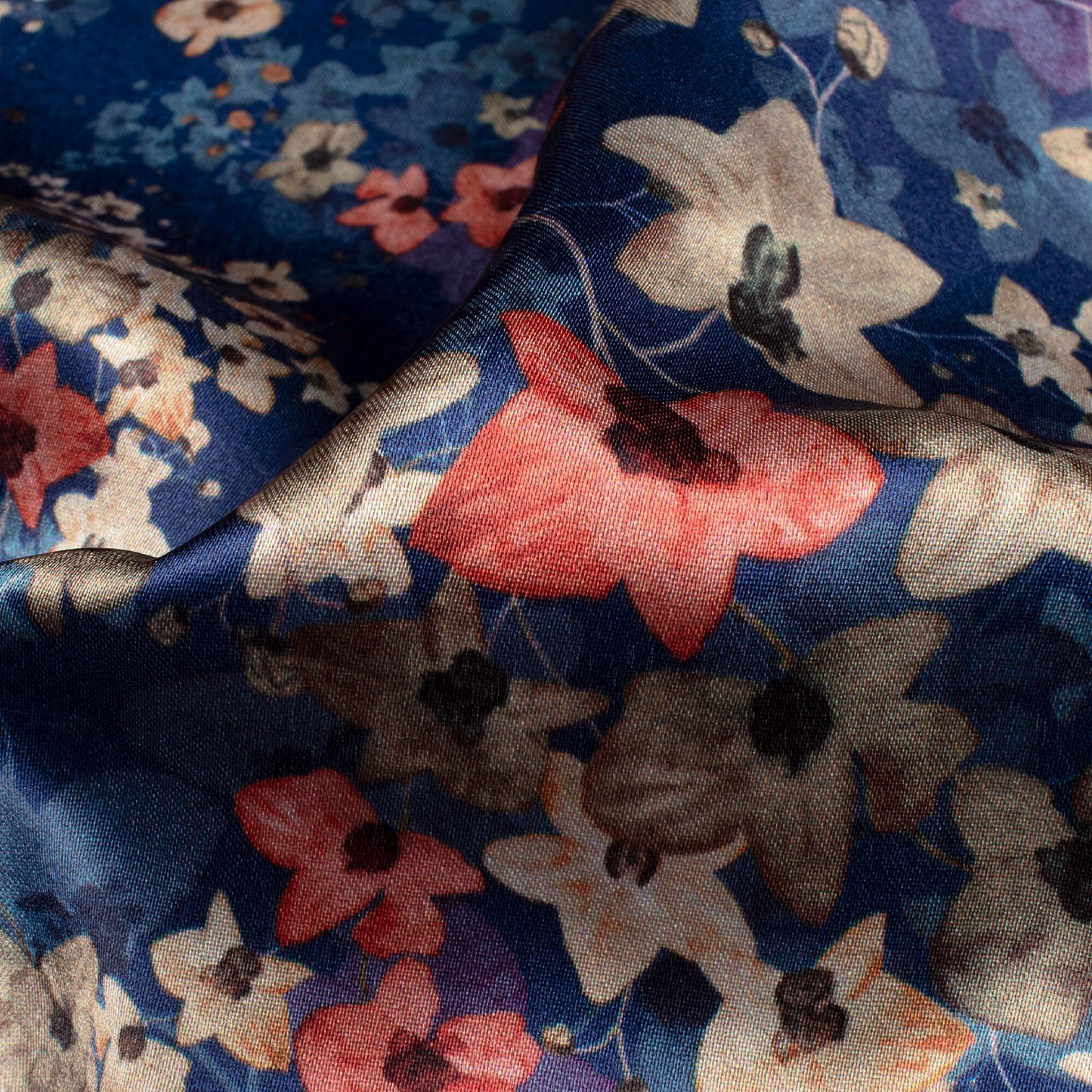 Space Blue And Tortilla Brown Floral Pattern Digital Print Japan Satin Fabric