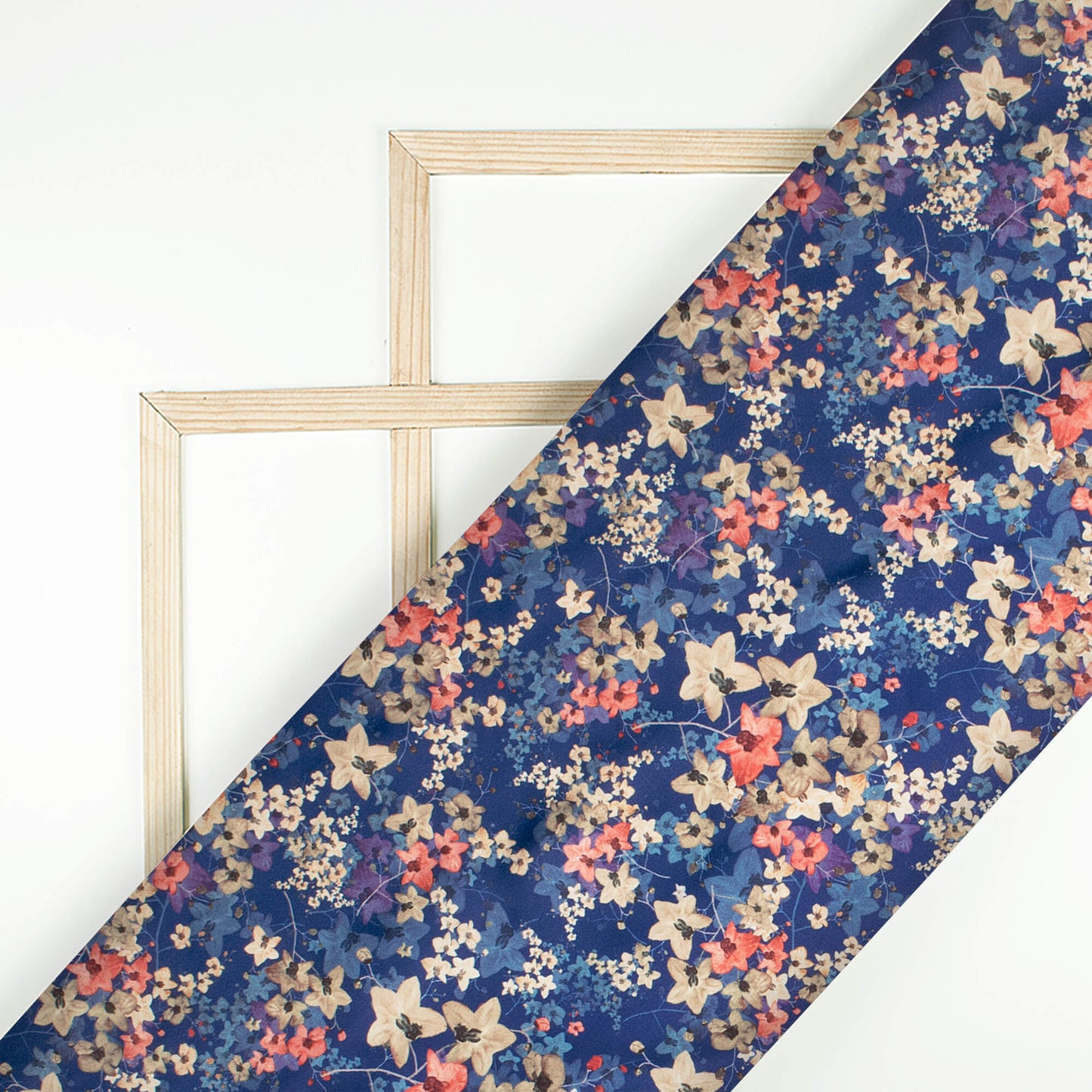 Space Blue And Tortilla Brown Floral Pattern Digital Print Japan Satin Fabric