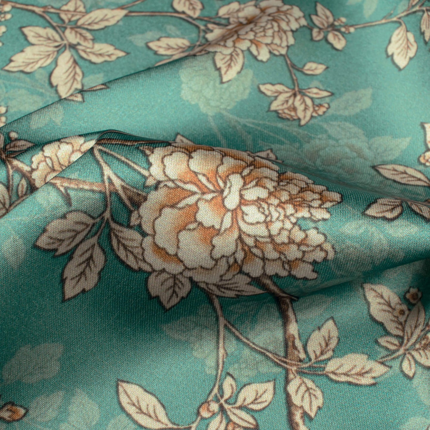 Tiffany Blue And Beige Floral Pattern Digital Print Japan Satin Fabric