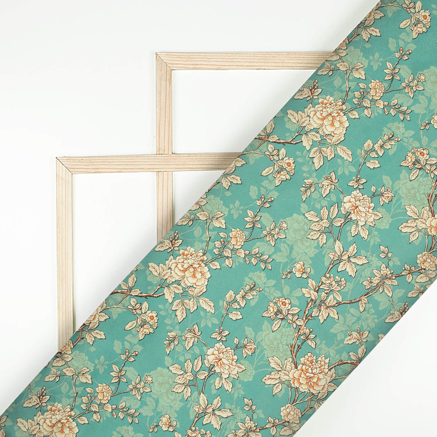 Tiffany Blue And Beige Floral Pattern Digital Print Japan Satin Fabric