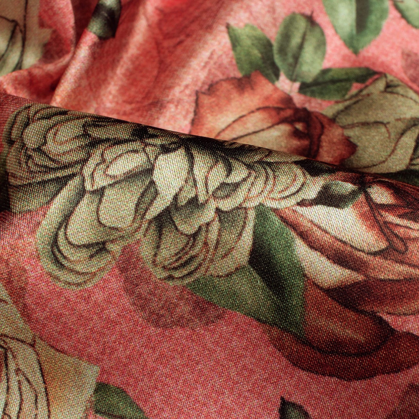Dusty Pink And Olive Green Floral Pattern Digital Print Japan Satin Fabric