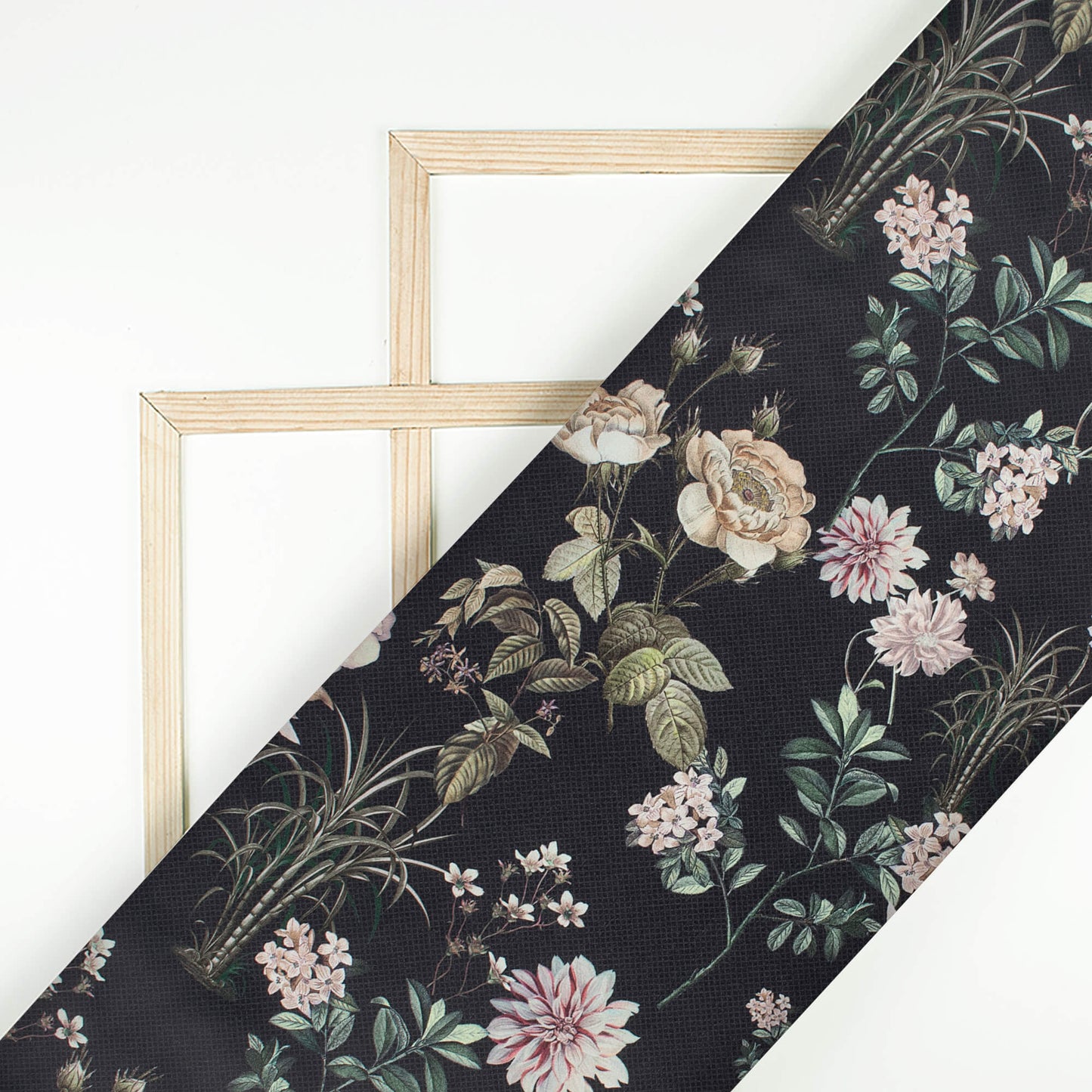 Black And Beige Floral Pattern Digital Print Japan Satin Fabric
