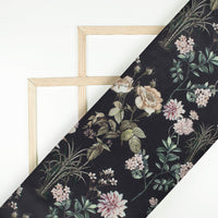 Black And Beige Floral Pattern Digital Print Japan Satin Fabric