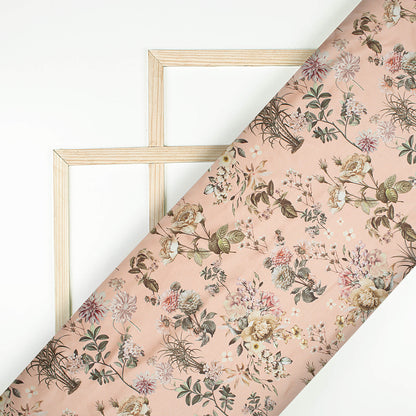 Peach And Peanut Brown Floral Pattern Digital Print Japan Satin Fabric