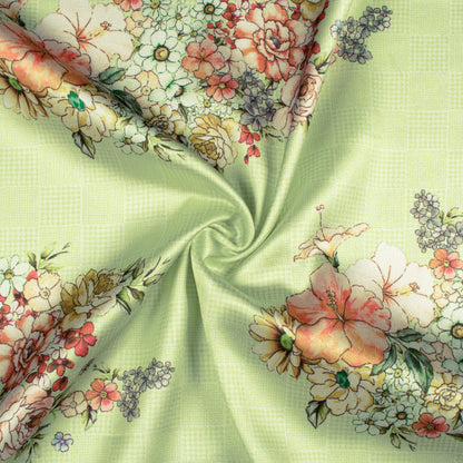 Tea Green And Peach Floral Pattern Digital Print Japan Satin Fabric