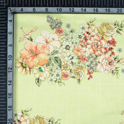 Tea Green And Peach Floral Pattern Digital Print Japan Satin Fabric
