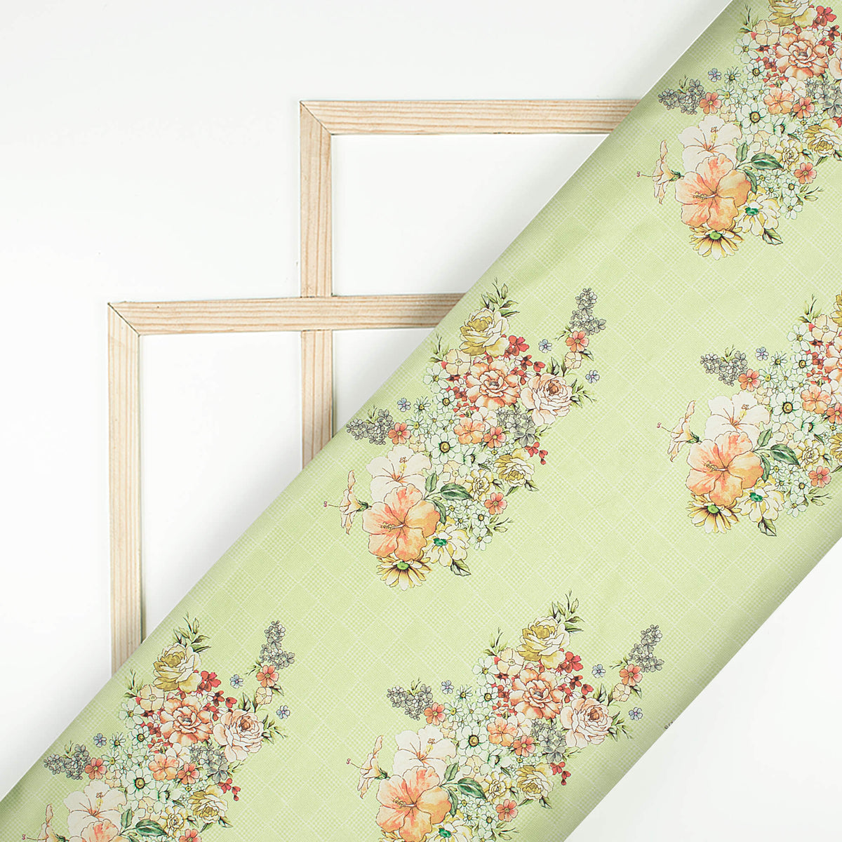 Tea Green And Peach Floral Pattern Digital Print Japan Satin Fabric