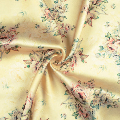 Banana Yellow And Peach Floral Pattern Digital Print Japan Satin Fabric