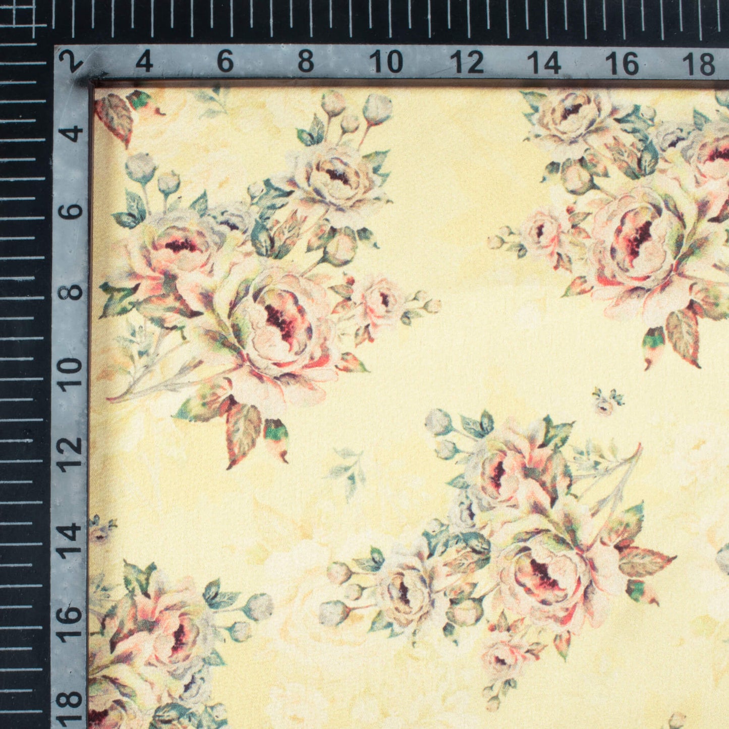 Banana Yellow And Peach Floral Pattern Digital Print Japan Satin Fabric
