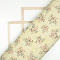 Banana Yellow And Peach Floral Pattern Digital Print Japan Satin Fabric