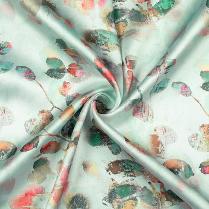 Mint Green And Brick Red Leaf Pattern Digital Print Japan Satin Fabric