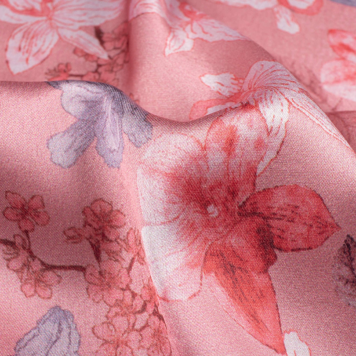 Taffy Pink And brick Red Floral Pattern Digital Print Japan Satin Fabric