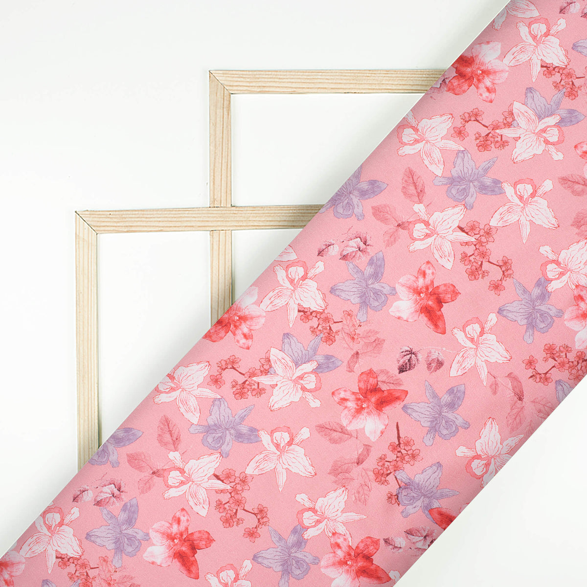 Taffy Pink And brick Red Floral Pattern Digital Print Japan Satin Fabric