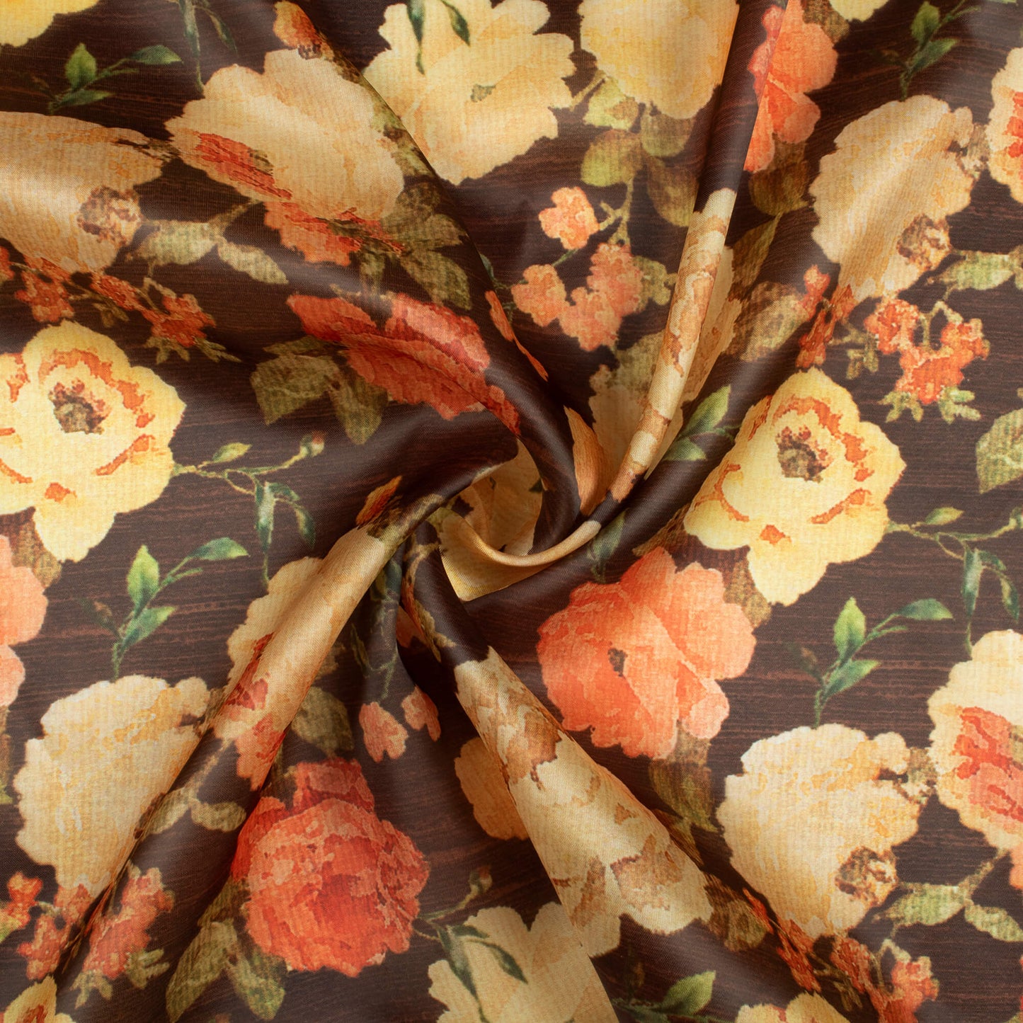 Brown And Peach Floral Pattern Digital Print Organza Satin Fabric