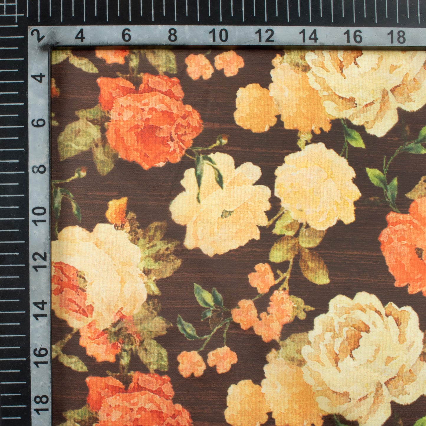 Brown And Peach Floral Pattern Digital Print Organza Satin Fabric