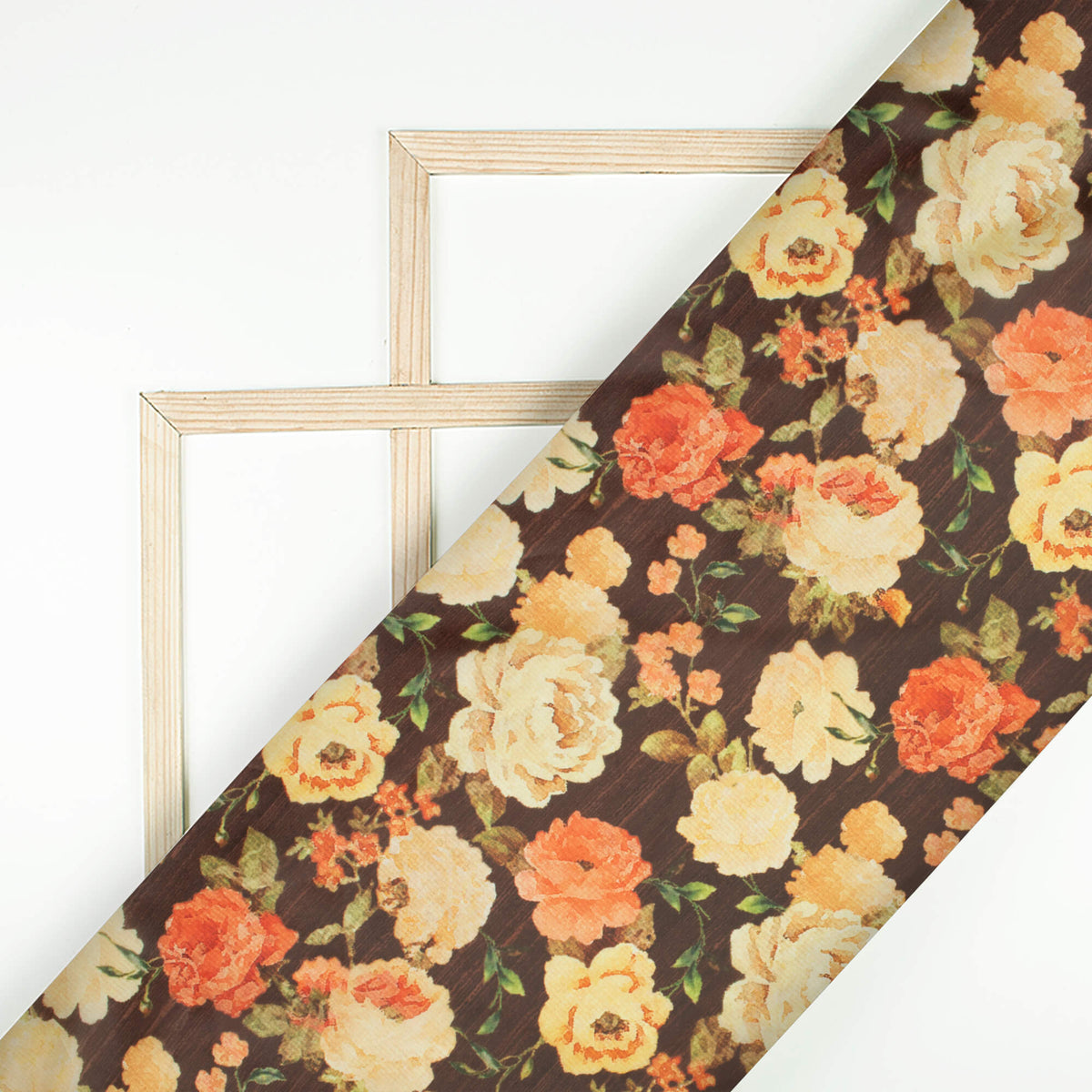 Brown And Peach Floral Pattern Digital Print Organza Satin Fabric