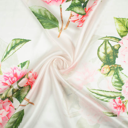 White And Pink Floral Pattern Digital Print Organza Satin Fabric