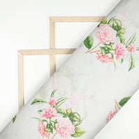White And Pink Floral Pattern Digital Print Organza Satin Fabric