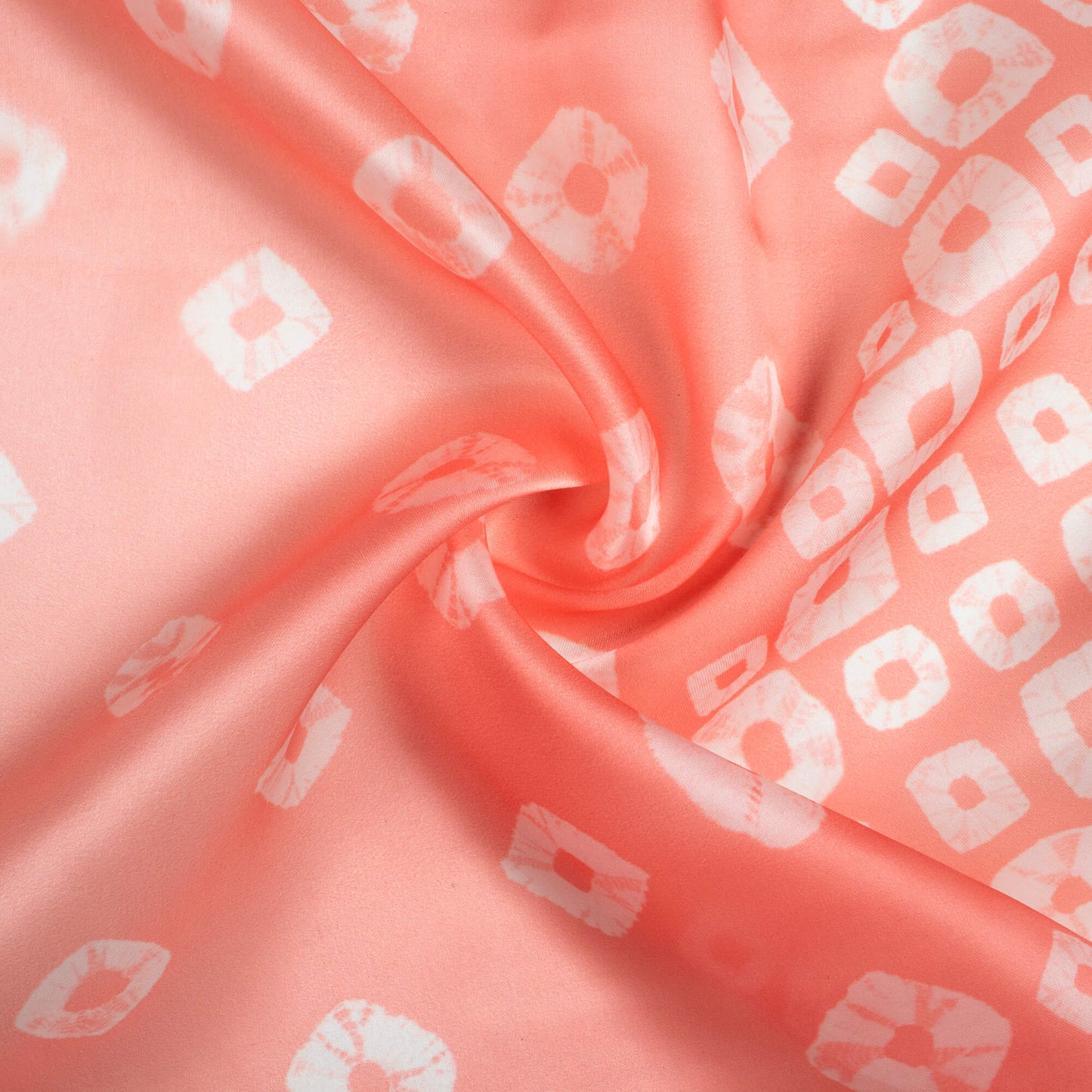 Salmon Pink And White Bandhani Pattern Digital Print Organza Satin Fabric