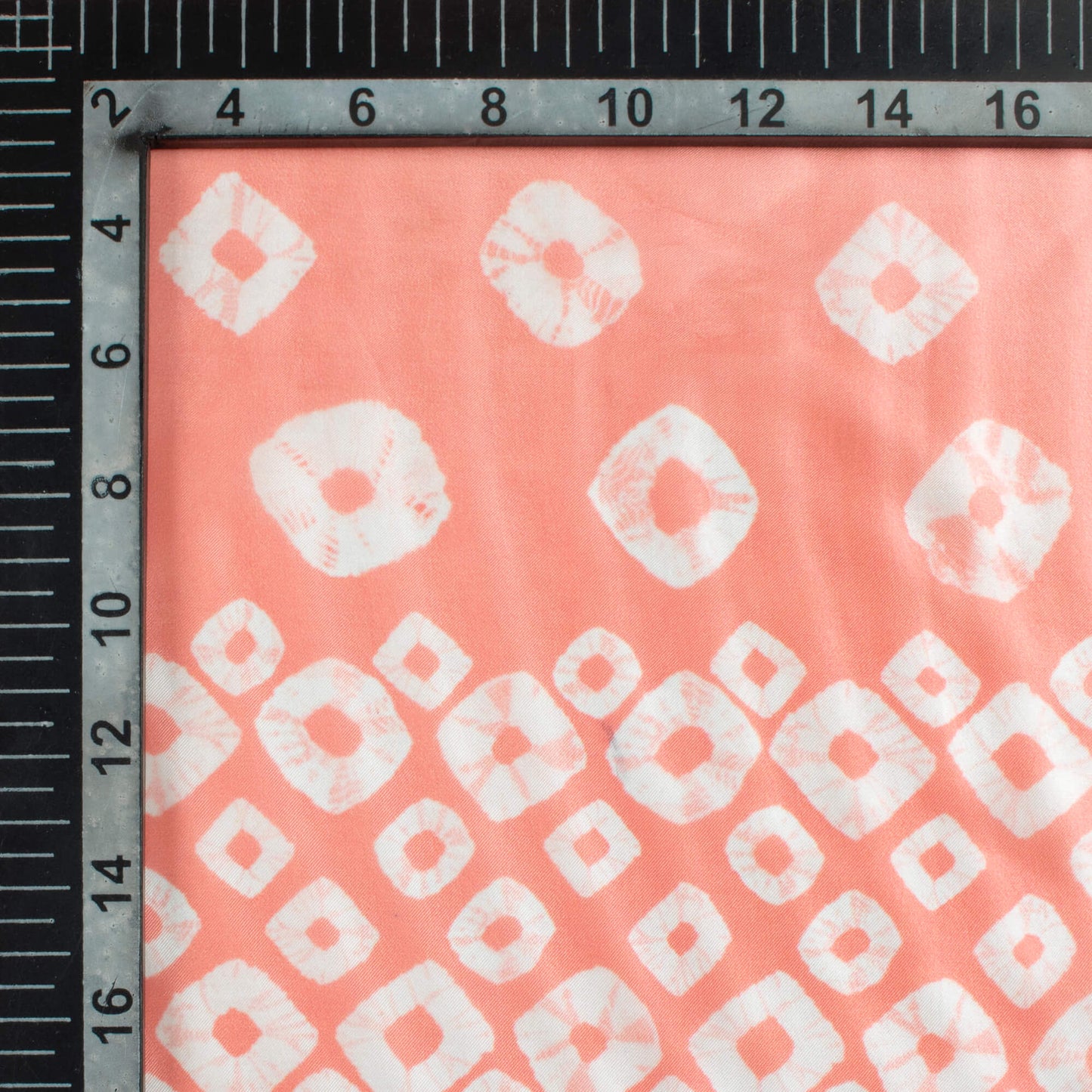 Salmon Pink And White Bandhani Pattern Digital Print Organza Satin Fabric