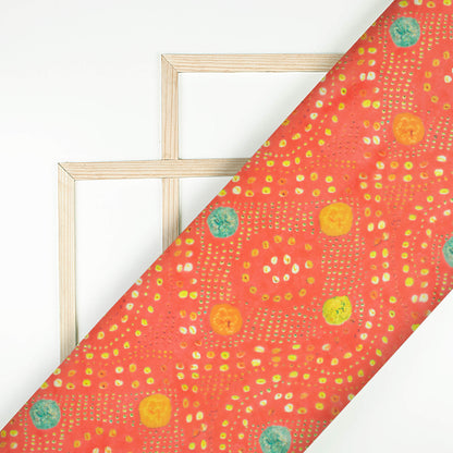 Vermilion Red And Yellow Bandhanii Pattern Digital Print Organza Satin Fabric