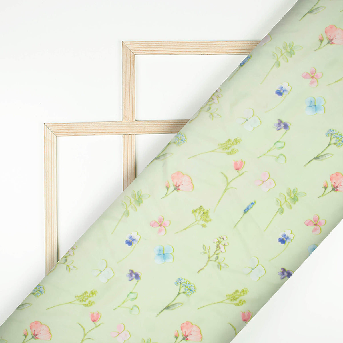 Pastel Green And Pink Floral Pattern Digital Print Organza Satin Fabric