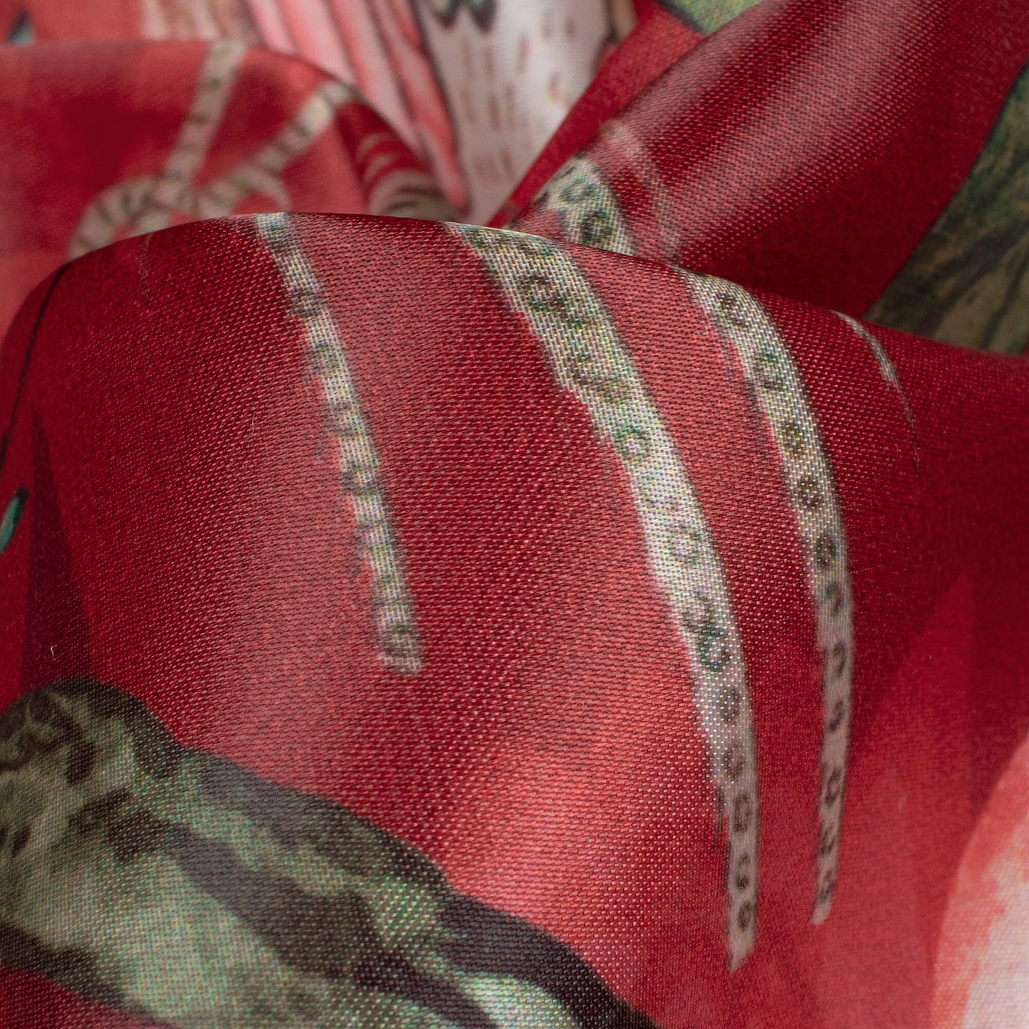 Sangria Red And Salmon Pink Floral Pattern Digital Print Organza Satin Fabric