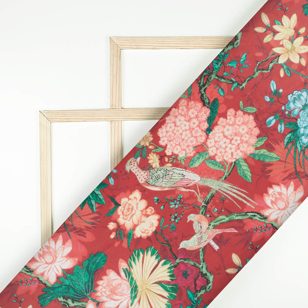 Sangria Red And Salmon Pink Floral Pattern Digital Print Organza Satin Fabric