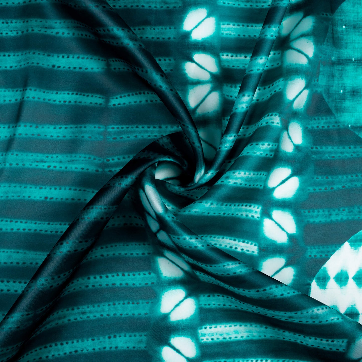 Dark Green And White Shibori Pattern Digital Print Organza Satin Fabric