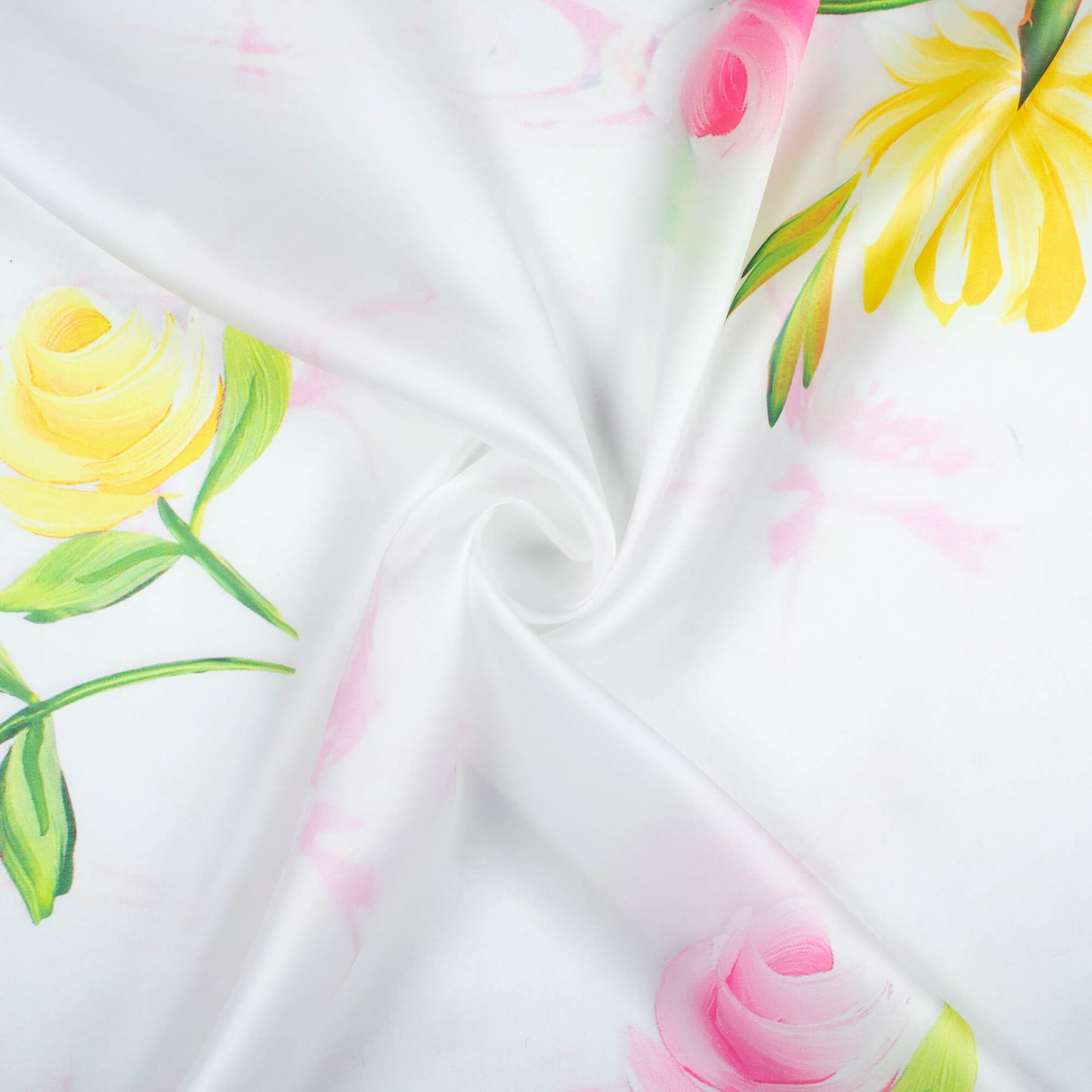 White And Bumblebee Yellow Floral Pattern Digital Print Organza Satin Fabric