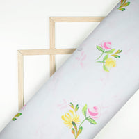 White And Bumblebee Yellow Floral Pattern Digital Print Organza Satin Fabric