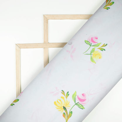 White And Bumblebee Yellow Floral Pattern Digital Print Organza Satin Fabric