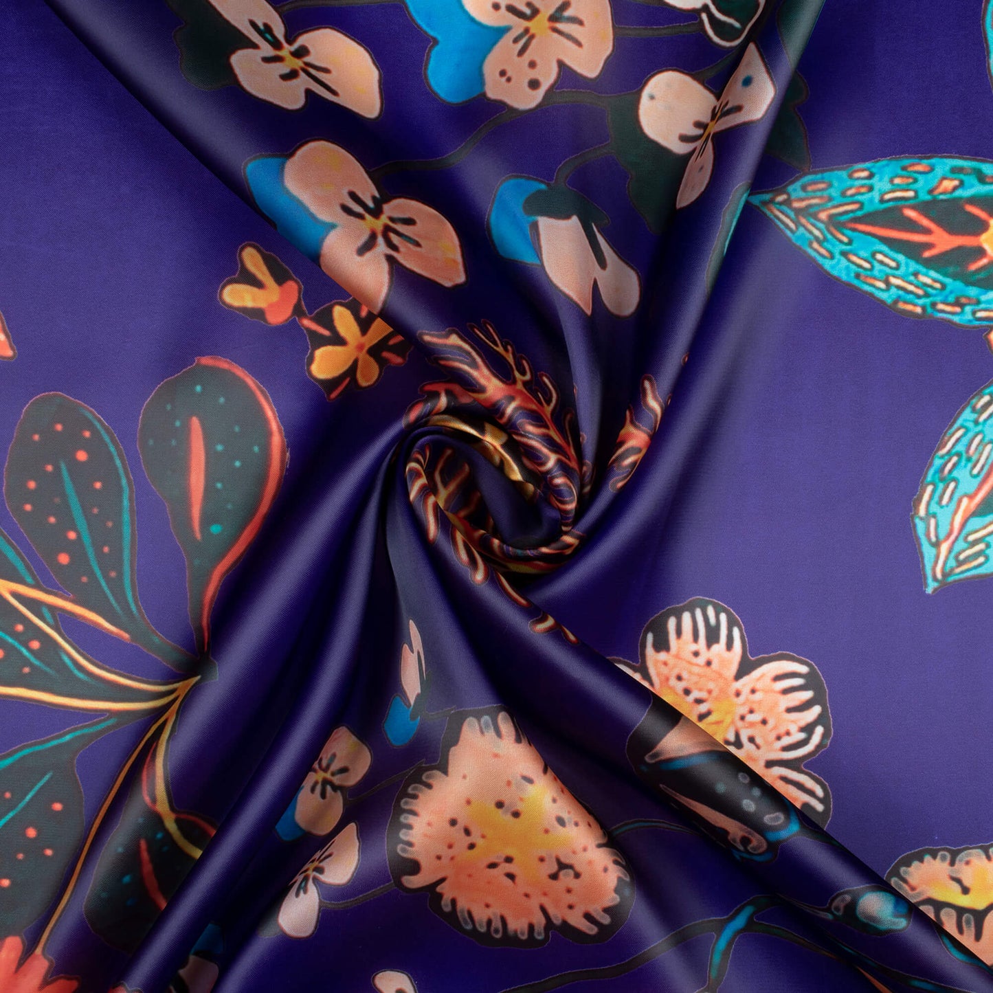 Navy Blue And Green Floral Pattern Digital Print Organza Satin Fabric