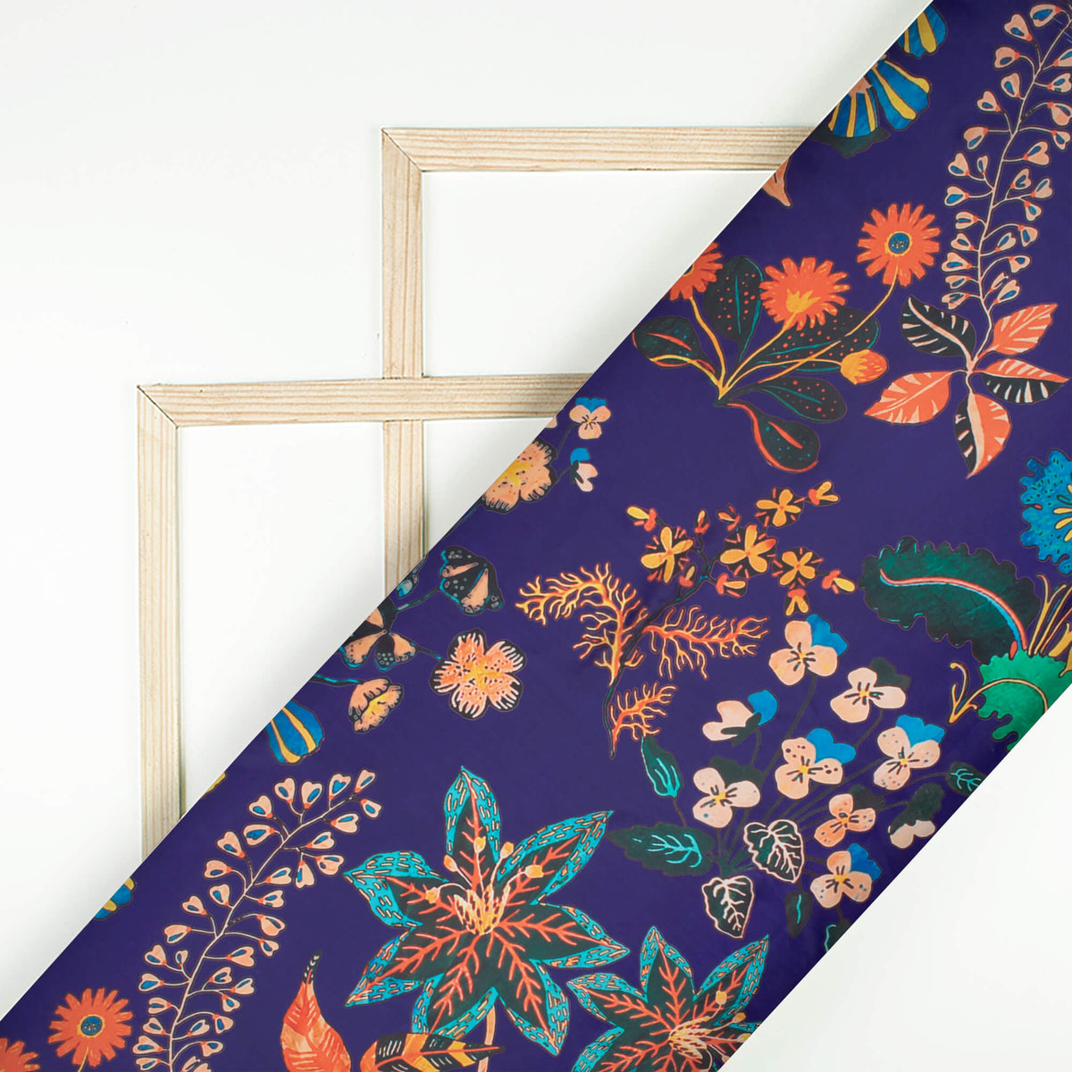 Navy Blue And Green Floral Pattern Digital Print Organza Satin Fabric