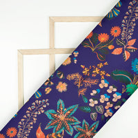 Navy Blue And Green Floral Pattern Digital Print Organza Satin Fabric