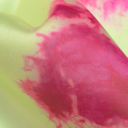 Lime Green And Magenta Purple Tye And Dye Pattern Digital Print Organza Satin Fabric