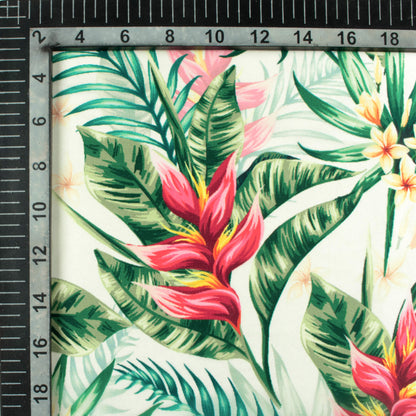 Oyster White And Green Tropical Pattern Digital Print Organza Satin Fabric