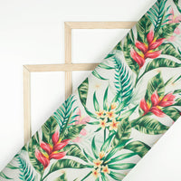 Oyster White And Green Tropical Pattern Digital Print Organza Satin Fabric