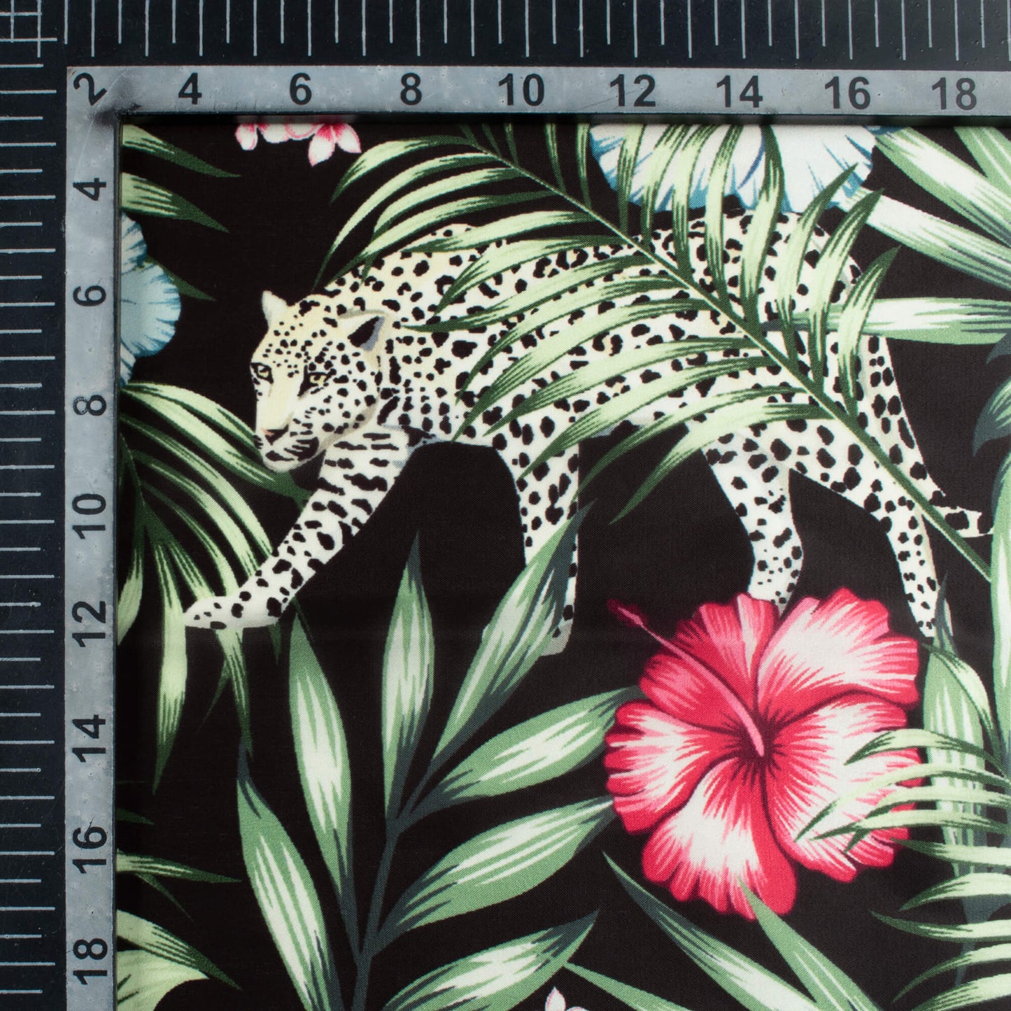 Black And Sage Green Tropical Pattern Digital Print Organza Satin Fabric