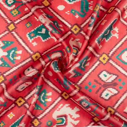 Sangria Red And Teal Green Patolaa Pattern Digital Print Organza Satin Fabric