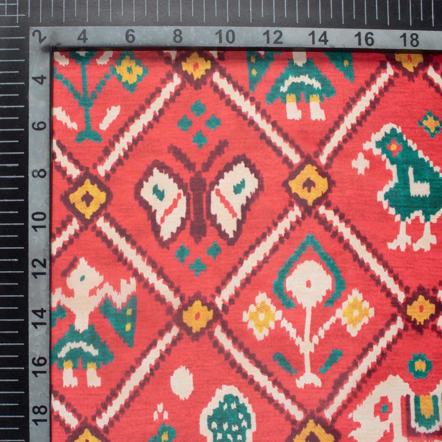 Sangria Red And Teal Green Patola Pattern Digital Print Organza Satin Fabric