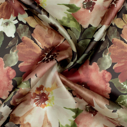 Walnut Brown And Olive Green Floral Pattern Digital Print Organza Satin Fabric