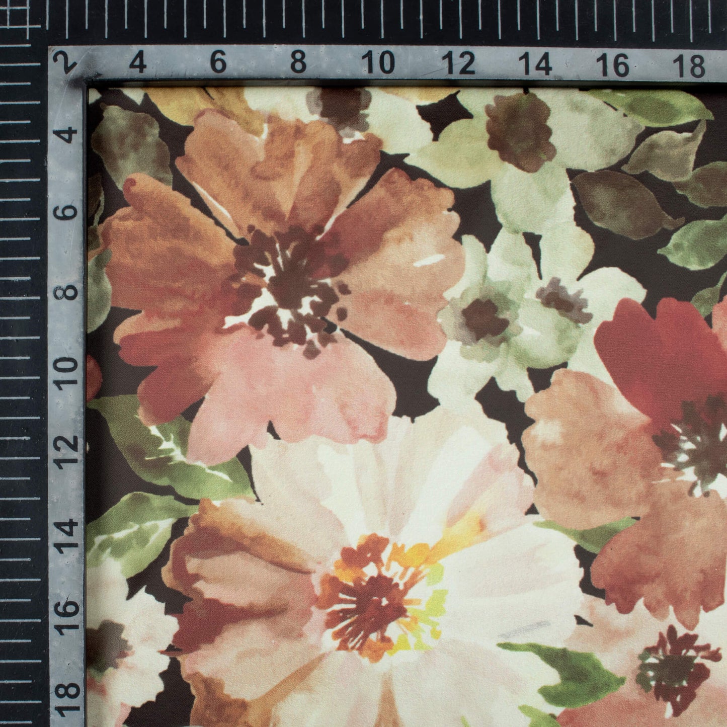 Walnut Brown And Olive Green Floral Pattern Digital Print Organza Satin Fabric