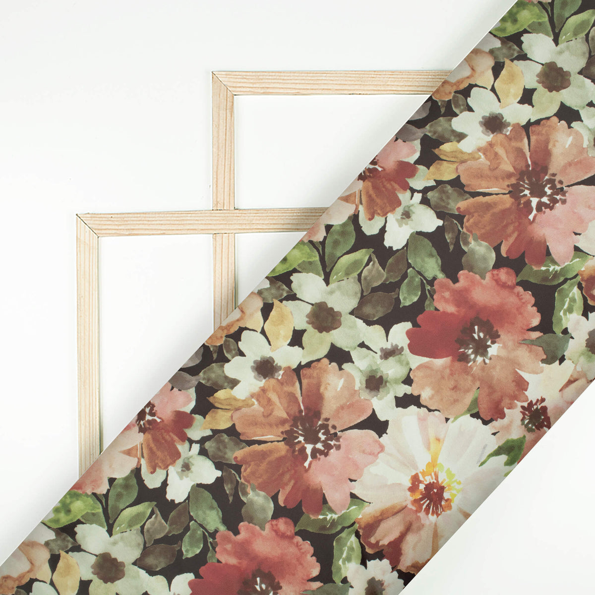 Walnut Brown And Olive Green Floral Pattern Digital Print Organza Satin Fabric