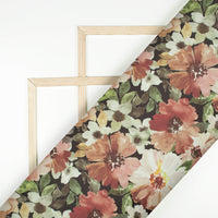 Walnut Brown And Olive Green Floral Pattern Digital Print Organza Satin Fabric