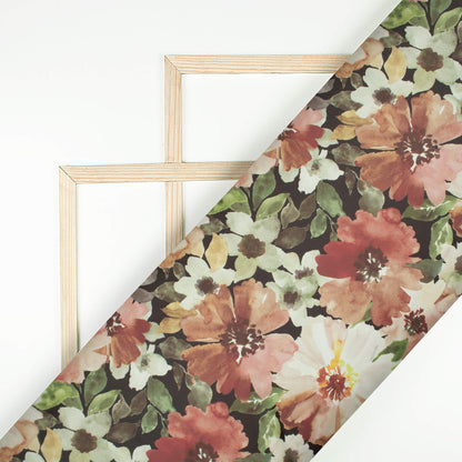 Walnut Brown And Olive Green Floral Pattern Digital Print Organza Satin Fabric