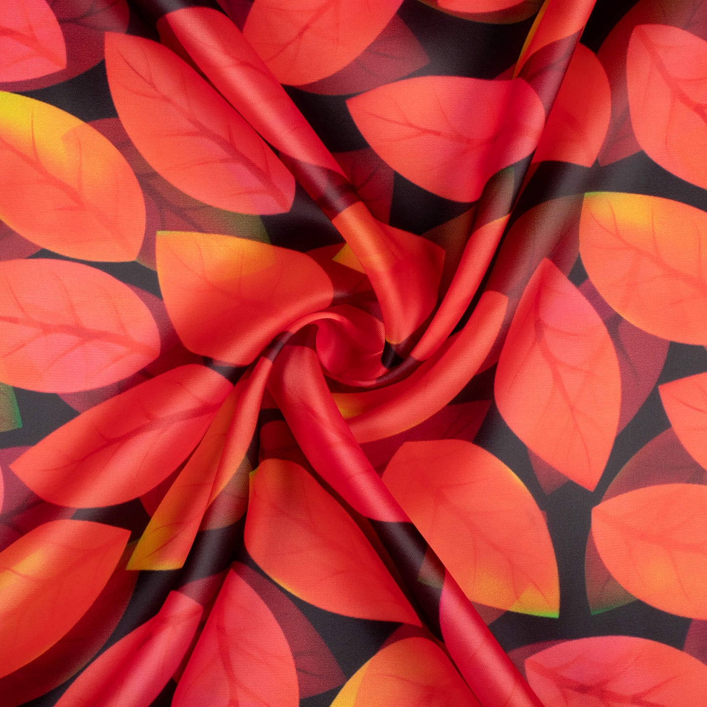 Chilli Red And Black Leaf Pattern Digital Print Organza Satin Fabric