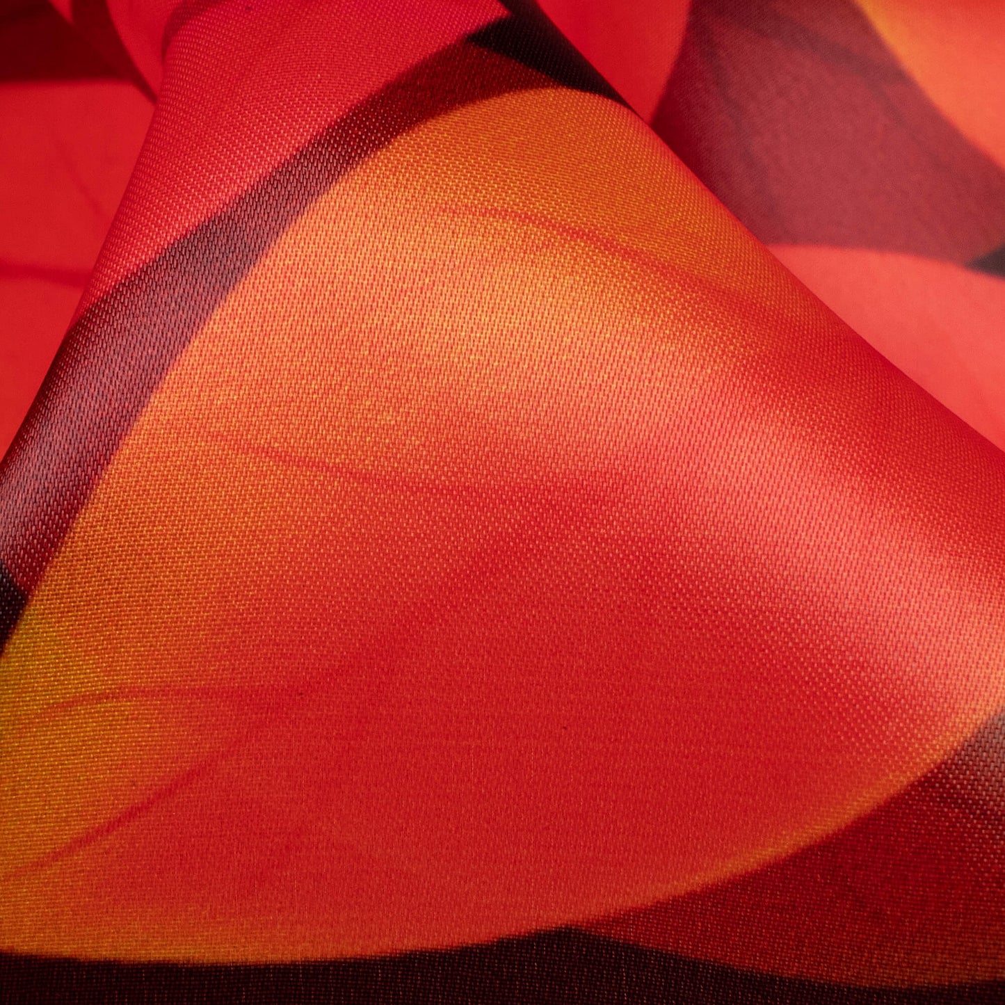 Chilli Red And Black Leaf Pattern Digital Print Organza Satin Fabric