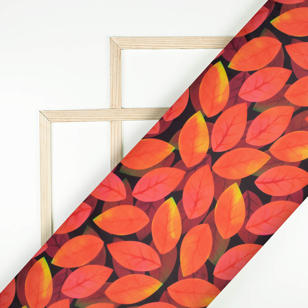 Chilli Red And Black Leaf Pattern Digital Print Organza Satin Fabric